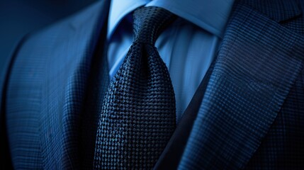 A close-up of a dark blue suit with a matching tie, ready for a formal event