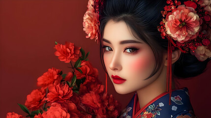 Young woman in traditional Asian dress with red flowers.