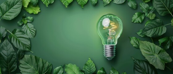 Wall Mural - Green lightbulb surrounded by fresh leaves, symbolizing eco-friendly energy solutions. Free copy space for text.