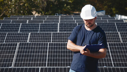 Wall Mural - Professional engineers inspect solar panel installation on a rooftop under sunlight. Detailed check of the solar system setup for efficiency and quality.