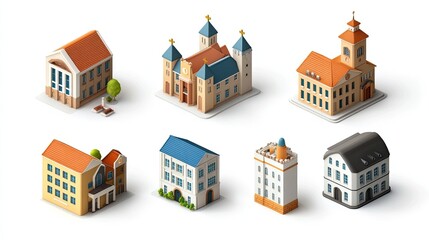 Wall Mural - 3D isometric vector illustration of 7 different houses, isolated on white background.