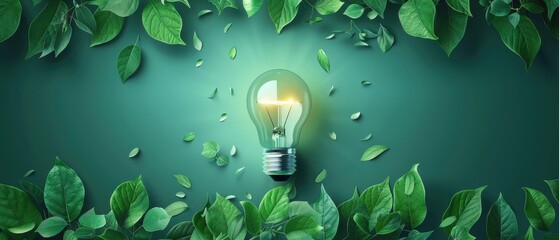 Wall Mural - Green lightbulb surrounded by fresh leaves, symbolizing eco-friendly energy solutions. Free copy space for text.