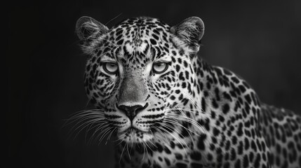 Poster - A close-up photo of a leopard's face in monochrome tones