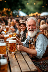 Wall Mural - Oktoberfest, people sitting down in traditional Bavarian costumes and drinking beer at a table. AI generative.