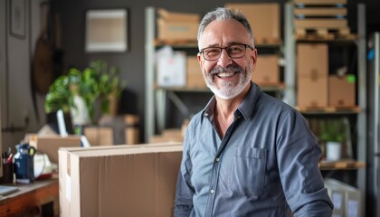 Senior businessman in home office, e-commerce, transport company style, smiling, with moving boxes.