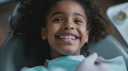 Sticker - A young girl smiles while sitting in a dental chair, ready for her appointment