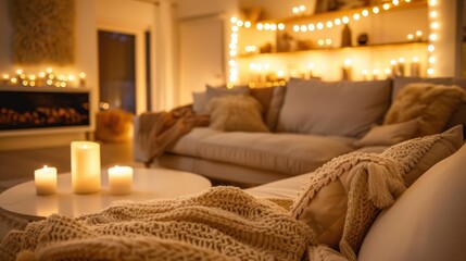 A cozy living room with cream-colored sofas and soft lighting, creating a warm and inviting space