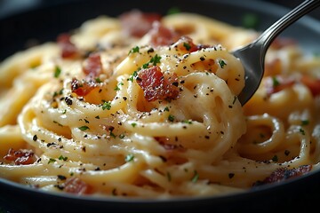 Gourmet Delight: Mouthwatering Spaghetti Carbonara on a Fork, A Feast of Flavor and Culinary Passion