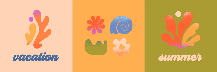 Wall Mural - vector abstract summer nature elements.hand drawn sun,coral,seashell,organic form.modern graphic in 