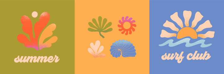 Vector abstract summer beach,surf club emblems.Hand drawn seashell,palm,coral,ocean waves with sun.Modern graphic in simple style for banners,smm,branding,covers,prints.Retro summer vacation aesthetic