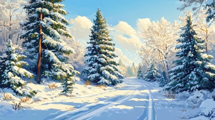 Wall Mural - A painting of a snowy scene with trees and snow, AI