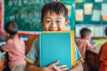 Smiling child holds colorful books vibrant happy classroom setting. Joyful young student colorful books eager learning. Light of knowledge brightens child's future.