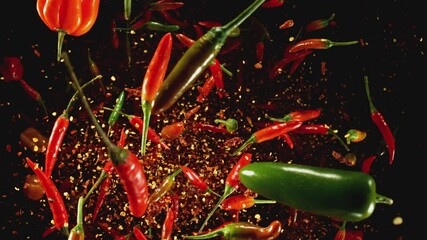 Wall Mural - Super Slow Motion of Flying and Rotating Colored Chilli Peppers with Dry Chilli Powder. Black Background. Filmed on High Speed Cinema Camera, 1000 fps, Placed on High Speed Cine Bot. Speed Ramp Effect