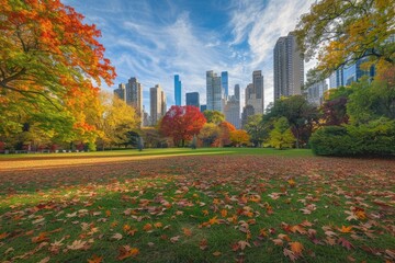 Wall Mural - A scene with a park covered in leaves that have fallen from trees, often used for autumn or nature-themed images