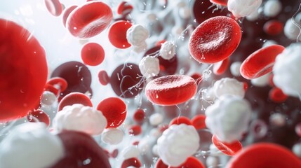 A close-up view of red blood cells, white blood cells, and platelets flowing through a vein