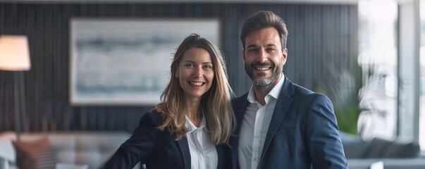 Smiling business duo standing in contemporary office, professional setting, portrait style.