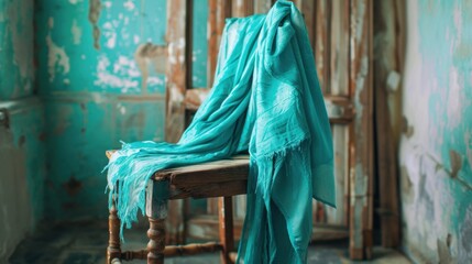 A turquoise scarf draped over a wooden chair, adding a pop of color to a rustic room