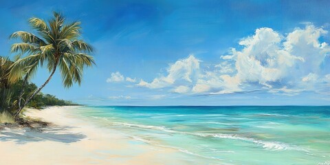 Wall Mural - Palm tree on beach with blue sky and ocean.