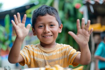 Happy kid hands up ready to enjoy cuisine joyful atmosphere. Child joyful smile has fun dining colorful setting. Embodying joy and community cultural festivity.