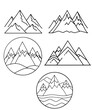 © Al Bari - mountain icons set. Simple mountains icons shapes set. Logo creation kit. Outdoor adventure line art mountain elements bundle. Silhouette linear concept. Stock bundle
