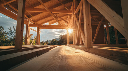 Carpenter building a wooden frame for a house, with beams and support structures visible