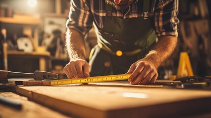 Carpenter measuring a piece of wood with a tape measure in a well-lit workshop, surrounded by tools