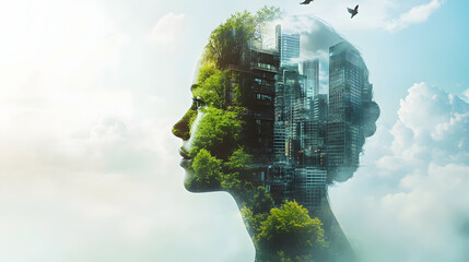 Sustainable environment concept. The image depicts human thinking towards preserving nature, reducing carbon footprint and building sustainable urban community for green future.