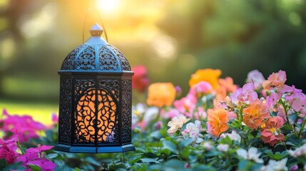 Wall Mural - Ornate Lantern Amidst a Colorful Garden