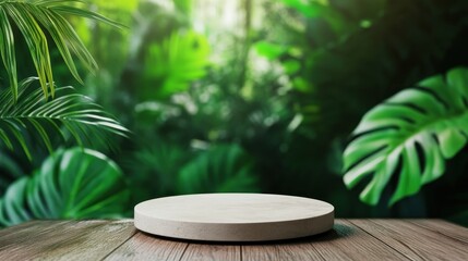 Canvas Print - Product Display on a Wooden Platform with Tropical Foliage