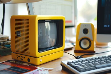 Wall Mural - A yellow television sits on top of a wooden desk, awaiting use or decoration