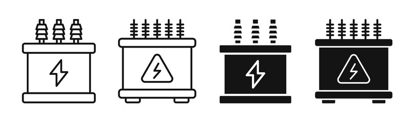 Poster - electric transformer vector icon set. isolated electrical power substation transformer symbol. electricity station current transformer box sign in black color.