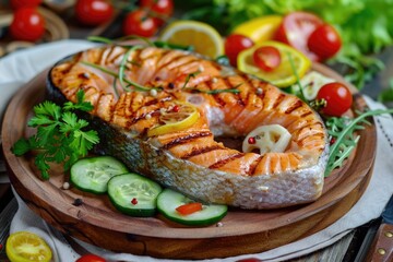 Canvas Print - Freshly prepared meal on a wooden plate with grilled salmon, mixed vegetables and herbs