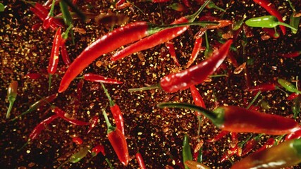 Poster - Super Slow Motion of Flying Colored Chilli Peppers with Dry Powder. Black Background. Filmed on High Speed Cinema Camera, 1000 fps. Speed Ramp Effect.