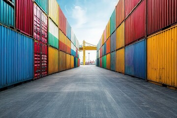 Colorful shipping containers stacked at port terminal