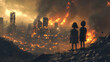 © Steven - Two children stand on a rocky hillside, looking at a city in flames by AI generated image