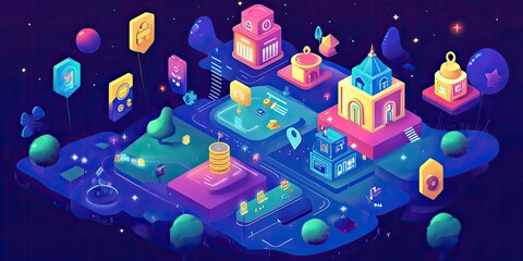 Wall Mural - Isometric city with colorful buildings and neon lights.