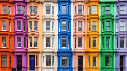 A vibrant row of Victorian townhouses showcases a mix of red, brown, and blue facades against a bright blue sky, highlighting unique architectural details.