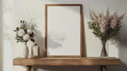 Sticker - Minimalist Home Decor with Wooden Table, Flowers, and a Blank Frame