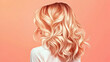 © Steven - trendy women's hair styling blonde large curls. peach fuzz color, girl in profile with professional hair styling, back view