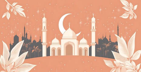 Wall Mural - Eid Mubarak and Ramadan Kareem greetings with an Islam crescent, lantern, mosque banner backdrop