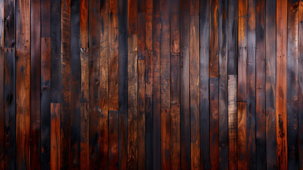 Wall Mural - wide old wooden background from plank boards. rustic dark brown glossy wood wall panel texture