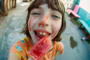 Wall Mural - A child finds happiness in every lick of ice cream.  Friendly face of cheerful girl enjoying sunny day. Youthful innocence represented carefree smile.