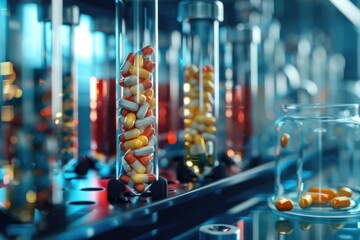 Poster - A glass jar filled with various medicine pills