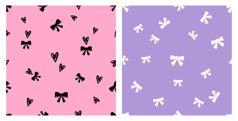 Canvas Print - Seamless pattern with ribbon bow and hand drawn hearts on pink background. Seamless pattern with white ribbon bow on purple background vector.