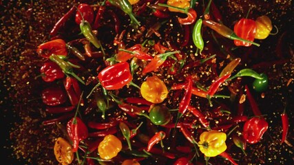 Poster - Super Slow Motion of Flying Colored Chilli Peppers with Dry Powder. Black Background. Filmed on High Speed Cinema Camera, 1000 fps.