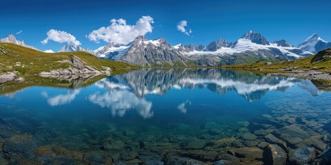 Wall Mural - Crystal clear lake reflecting snow-capped mountains.