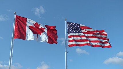 American and Canadian flags waving together under a clear blue sky