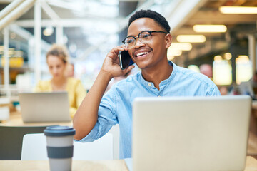 Canvas Print - Phone call, business and black man at desk with laptop for communication, conversation or client feedback. Contact, media agency and employee in office for discussion, listening or schedule meeting