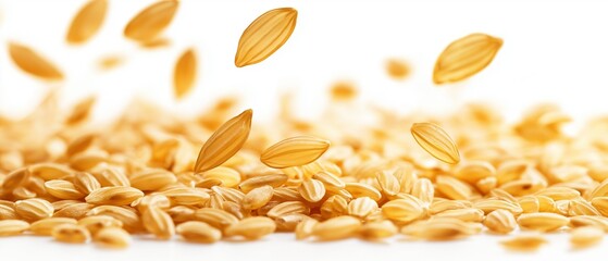 Golden grains of rice falling against a white background