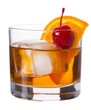 © Jane - classic old fashioned cocktail with orange slice cherry and ice cube served in short glass isolated on transparent background